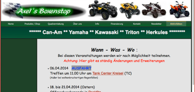 Axel´s Boxenstop Events 2014: jetzt online auf der Webseite www.AxelsBoxenstop.de unter ‚Aktivitäten‘