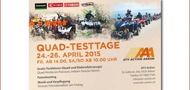 Quad Testtage 2015 bei ATV Action Arbon: Probefahrten, ein Fotoshooting und ein grosses Feierabendbier stehen auf dem Programm der ATV Testtage 2015 vom 24. bis 26. April